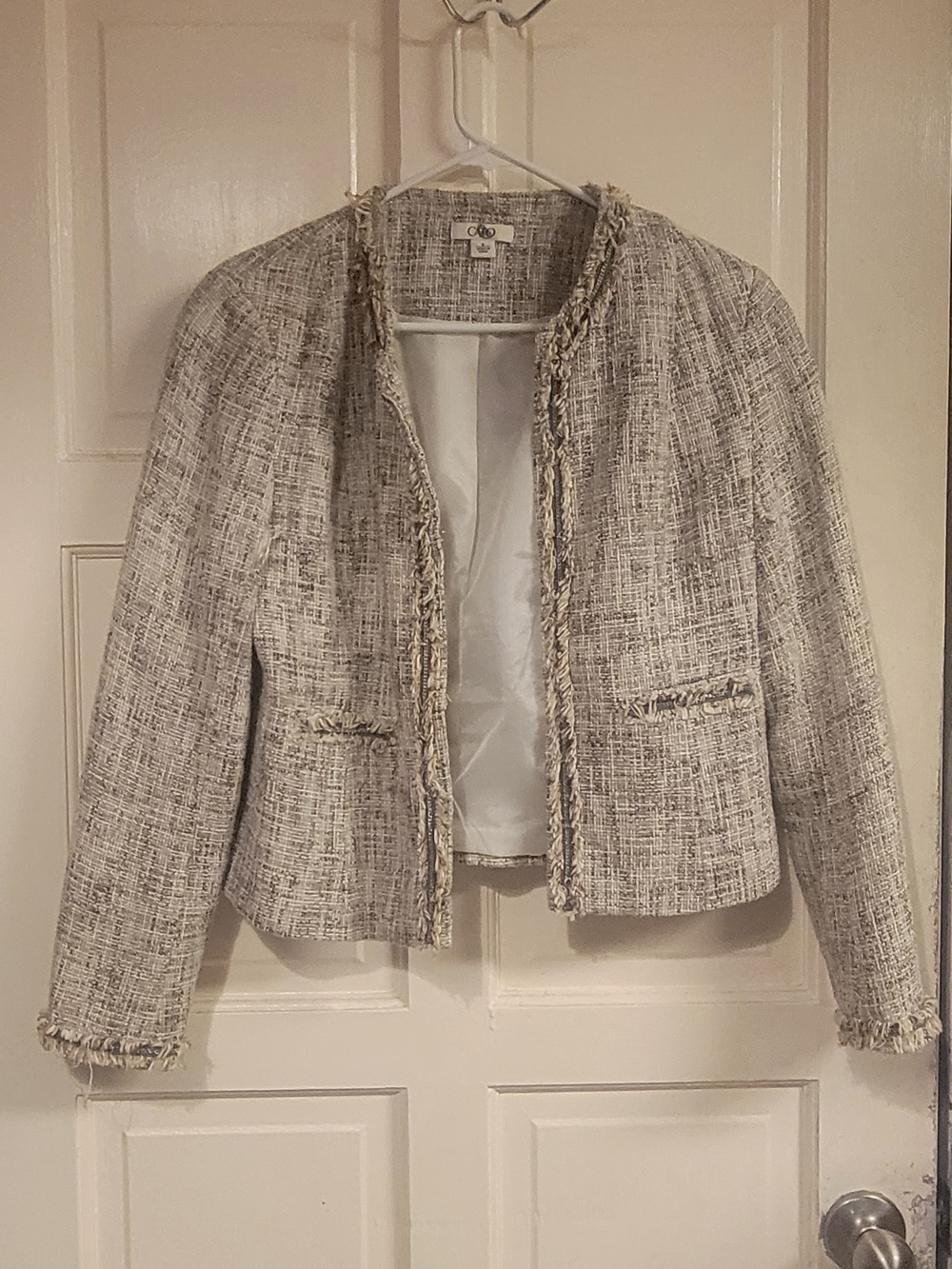 Cato Tweed Open-Front Jacket in Cream and Gray